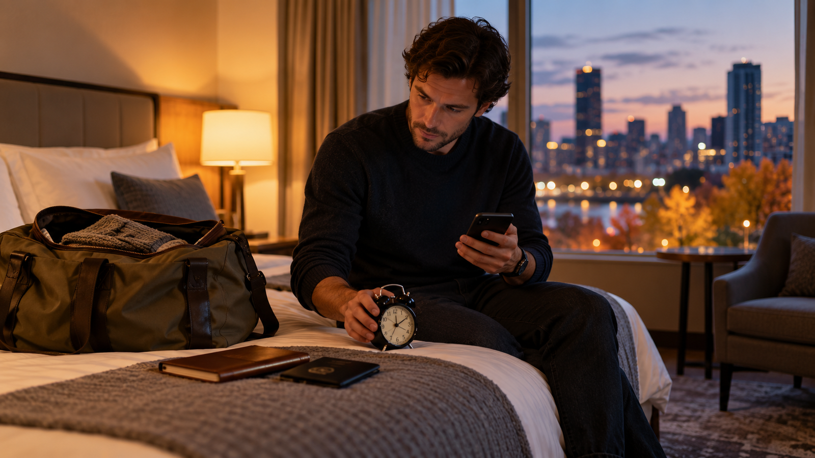 Traveler checking a phone and alarm clock beside a packed bag in a hotel room.
