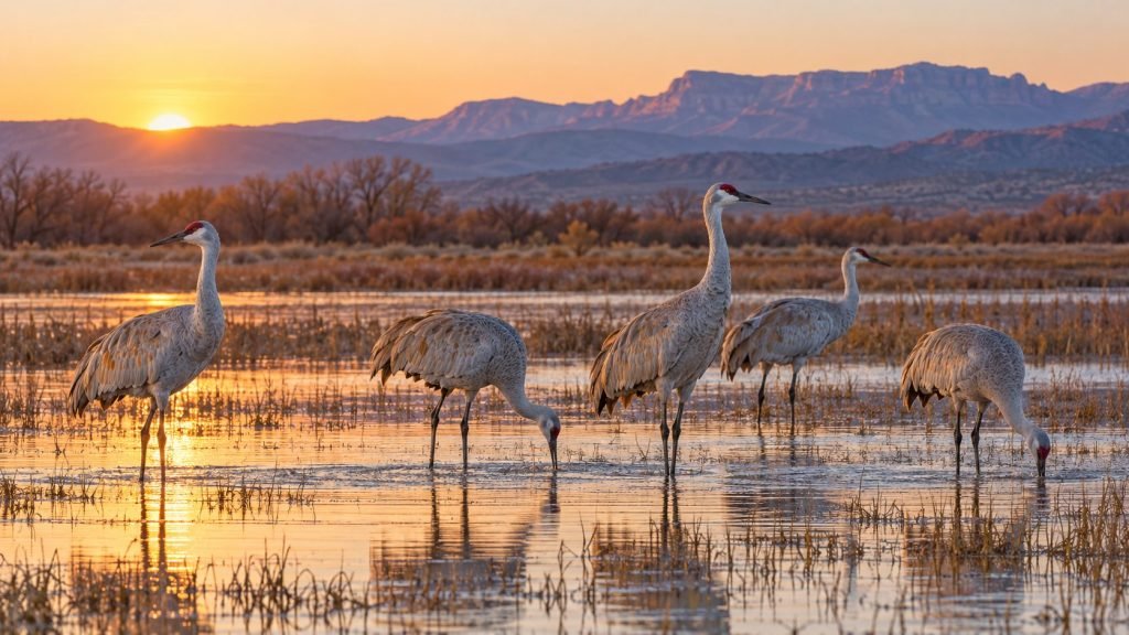 Sandhill cranes standing in a shallow New Mexico wetland at sunrise.