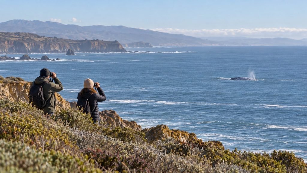 Two visitors using binoculars to watch a distant gray whale from a California coastal bluff