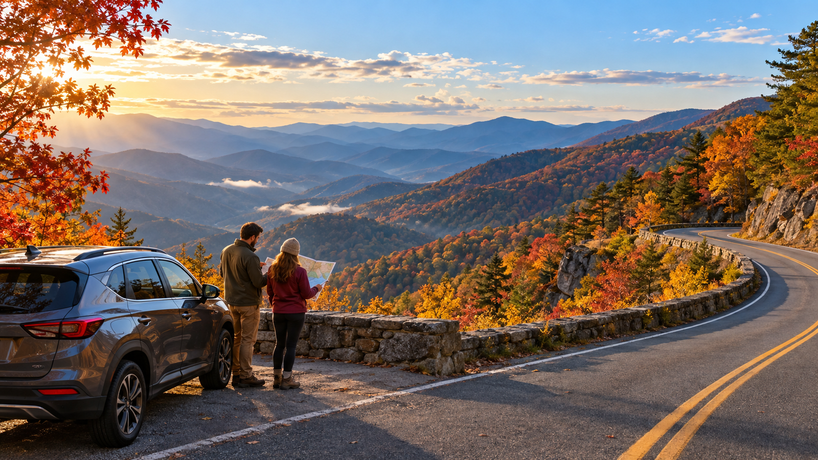 Travelers consulting a map beside a car at a Blue Ridge Parkway overlook surrounded by autumn foliage.