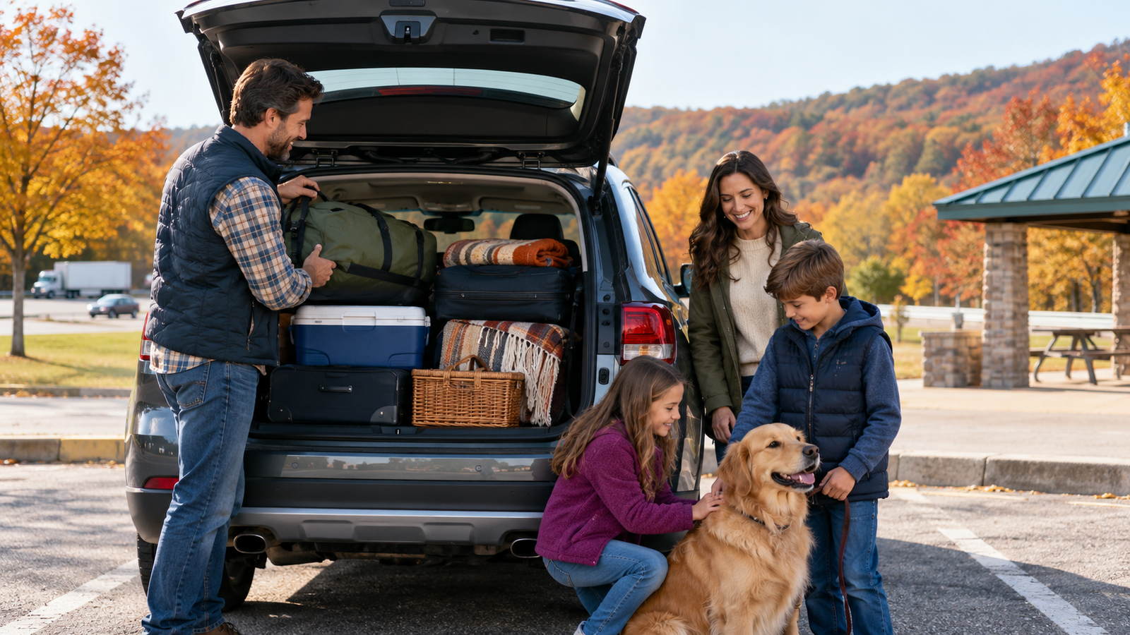 A family organizing luggage beside a packed car at an autumn highway rest area.