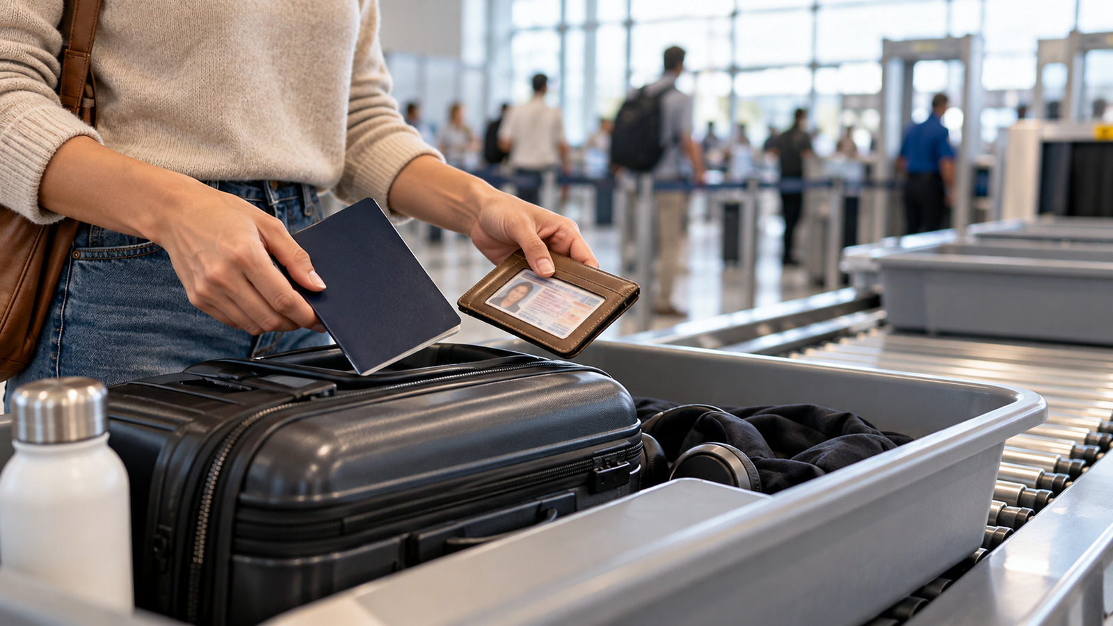 raveler holding a passport and identification wallet beside a carry-on at an airport checkpoint.
