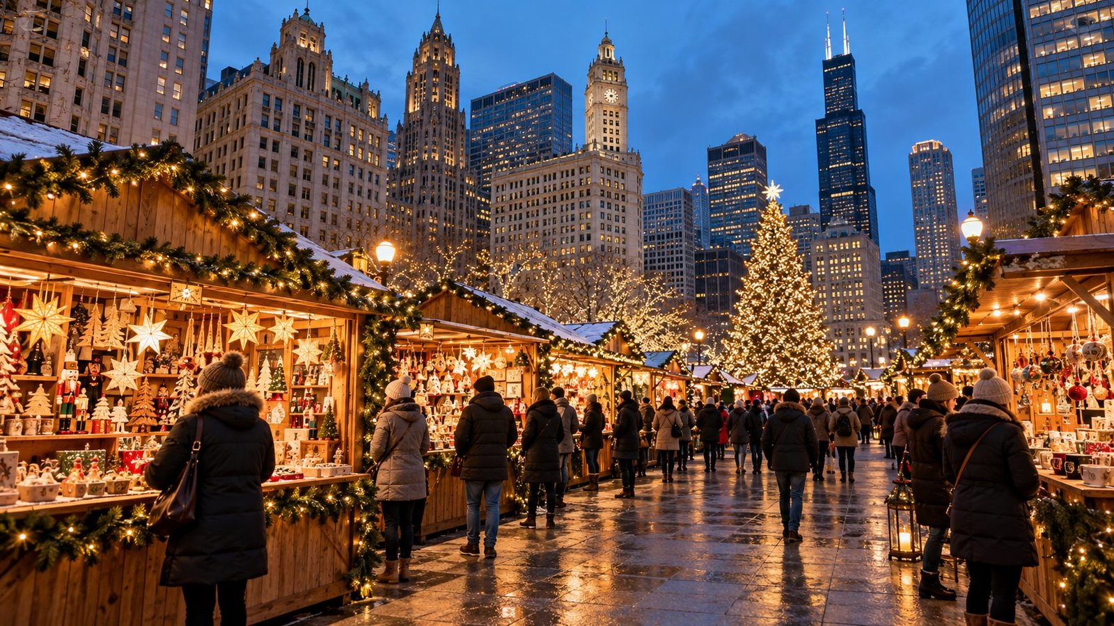 Bundled visitors browsing illuminated wooden holiday stalls in downtown Chicago