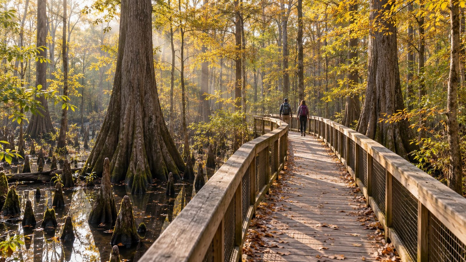 Two hikers following a wooden boardwalk through an autumn floodplain forest.