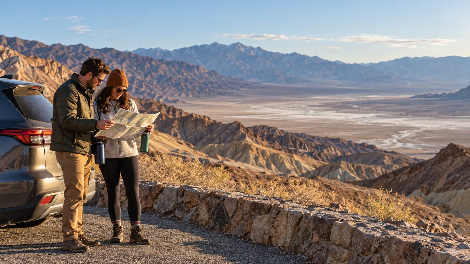 Two travelers checking a map beside a car at a designated Death Valley overlook.