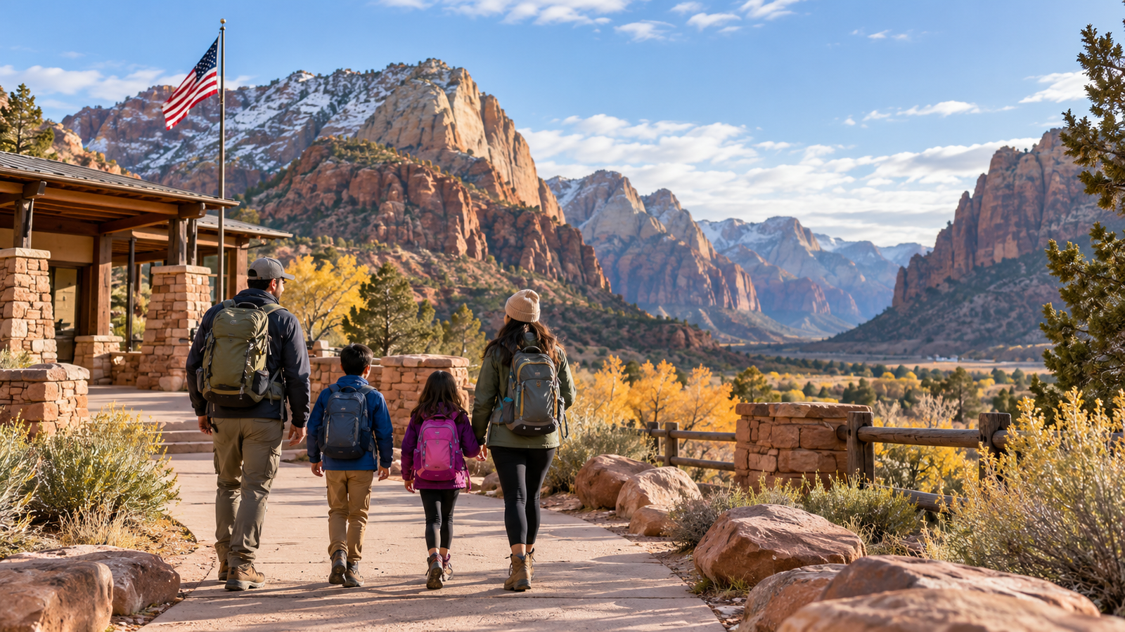 A family walking toward a national park canyon on a crisp November day.