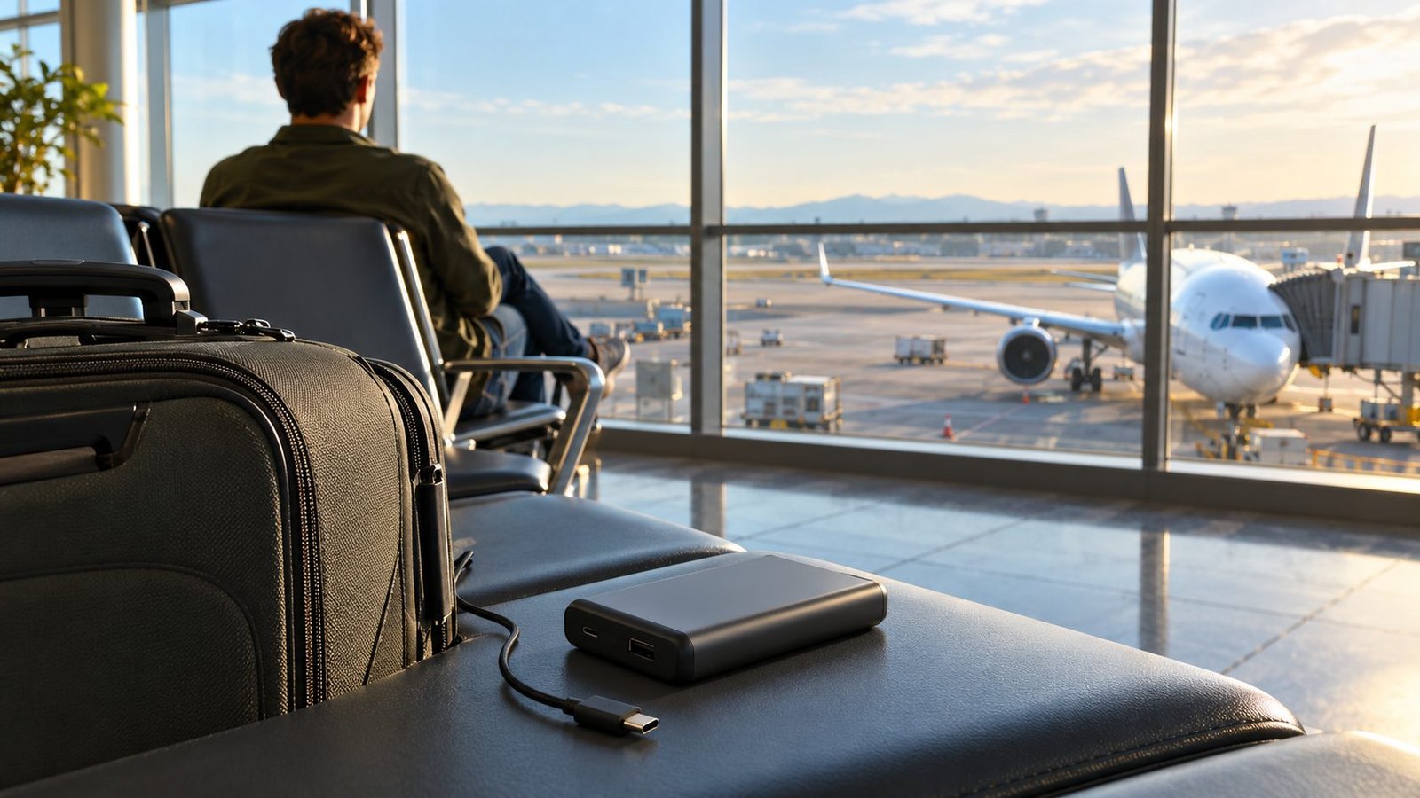 Portable power bank and disconnected cable beside a carry-on bag in an airport lounge.
