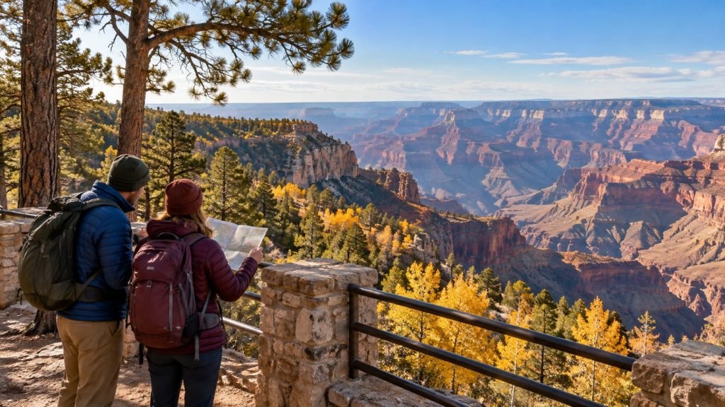 Two fall visitors consulting a map at a forested Grand Canyon North Rim overlook