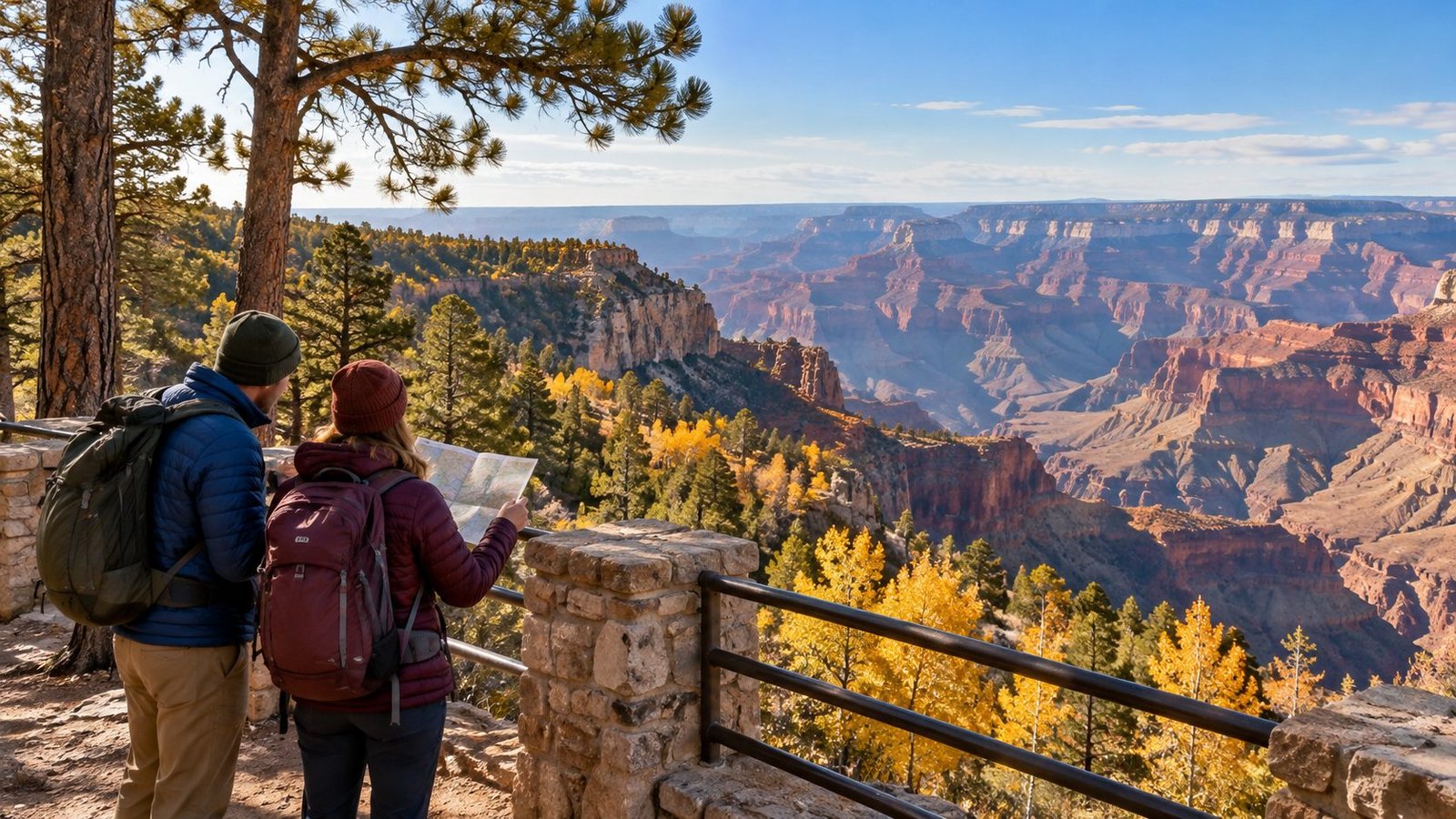 Two fall visitors consulting a map at a forested Grand Canyon North Rim overlook