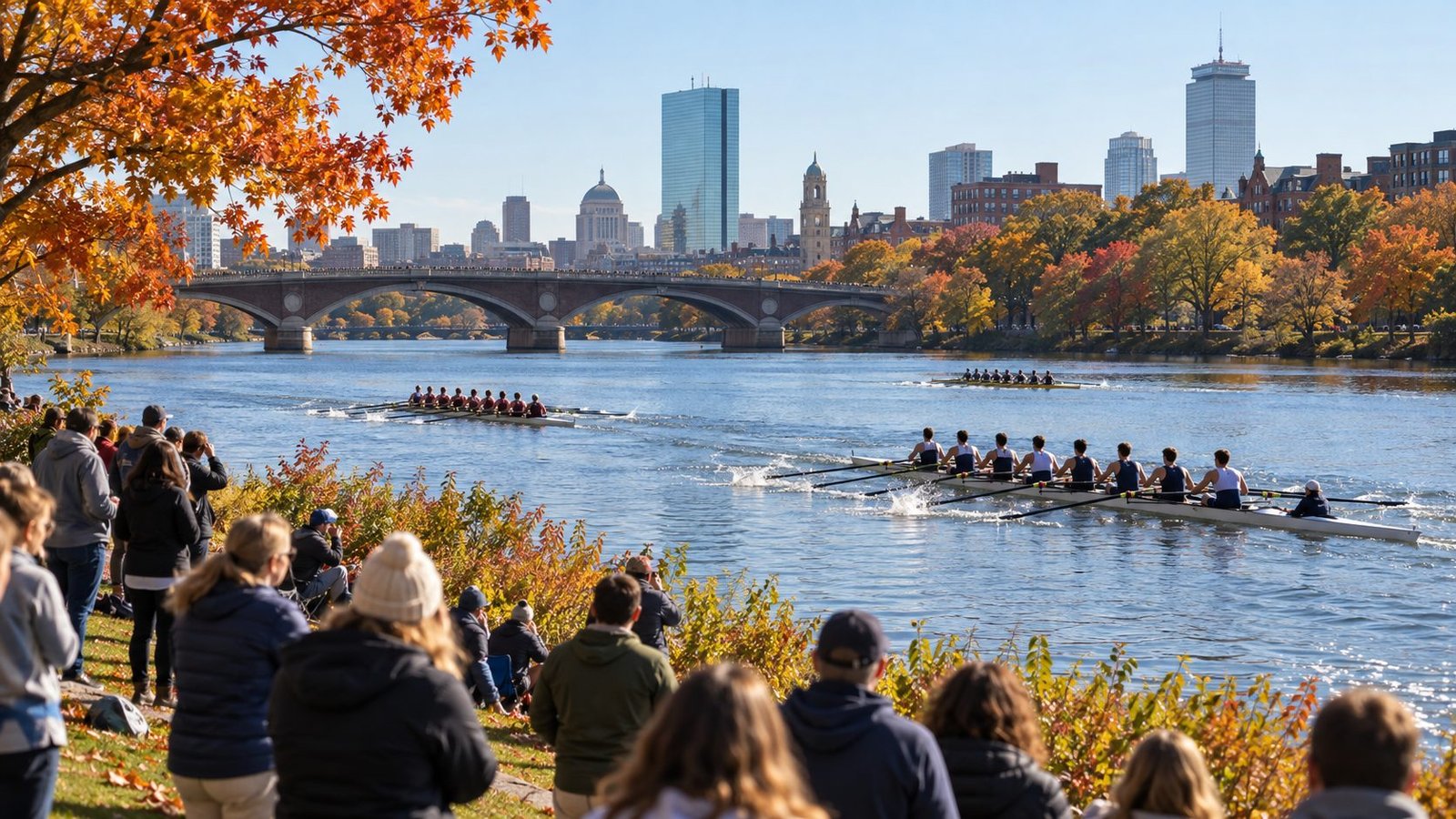 Rowing crews racing on the Charles River as spectators watch from a riverbank surrounded by fall foliage.