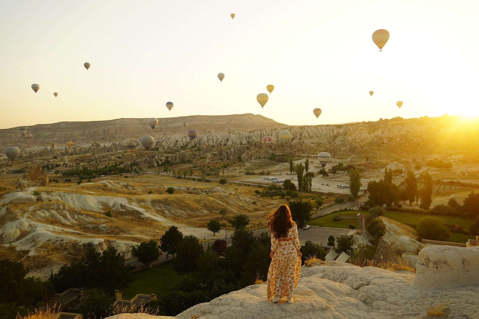 Colorful hot air balloons above a New Mexico-inspired city and desert mountains at dawn