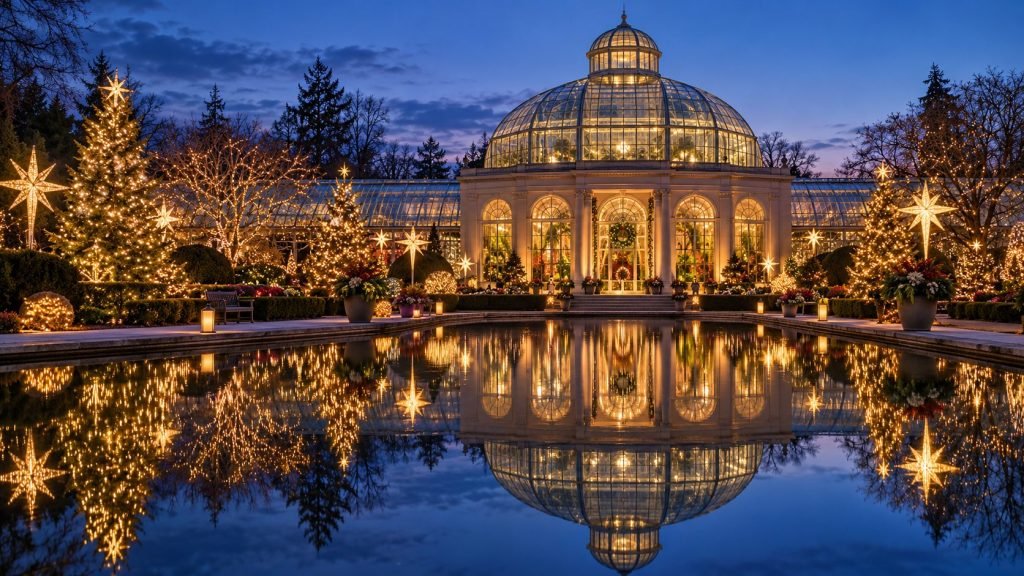 Illuminated conservatory and star-shaped garden decorations reflected in a pool at dusk.