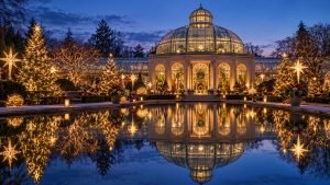 Illuminated conservatory and star-shaped garden decorations reflected in a pool at dusk.