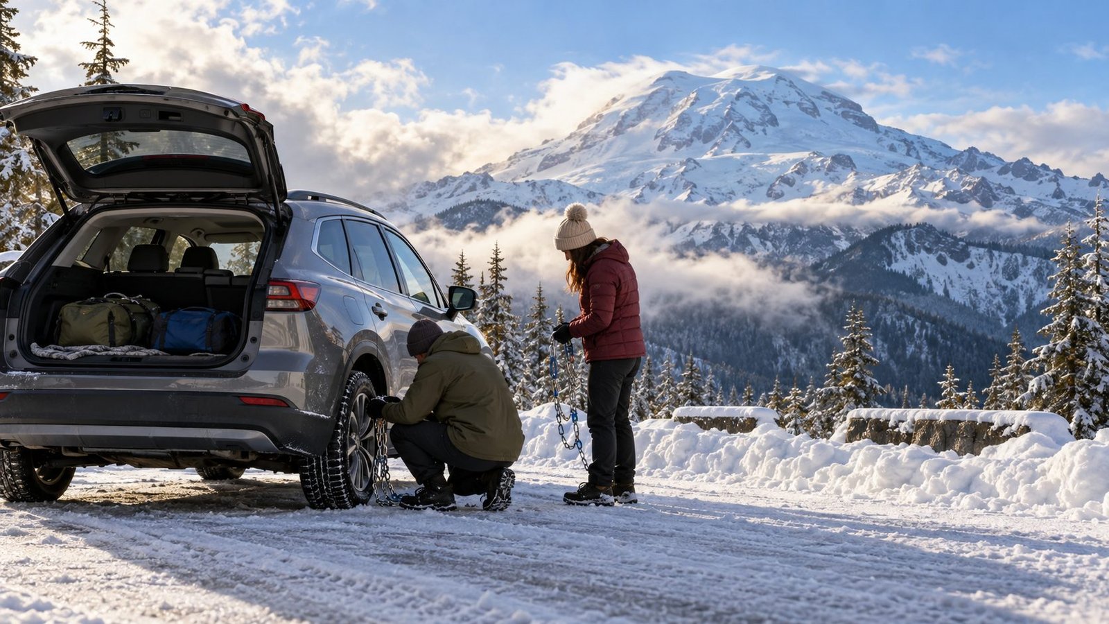 Travelers handling tire chains beside an SUV at a snowy Mount Rainier pullout