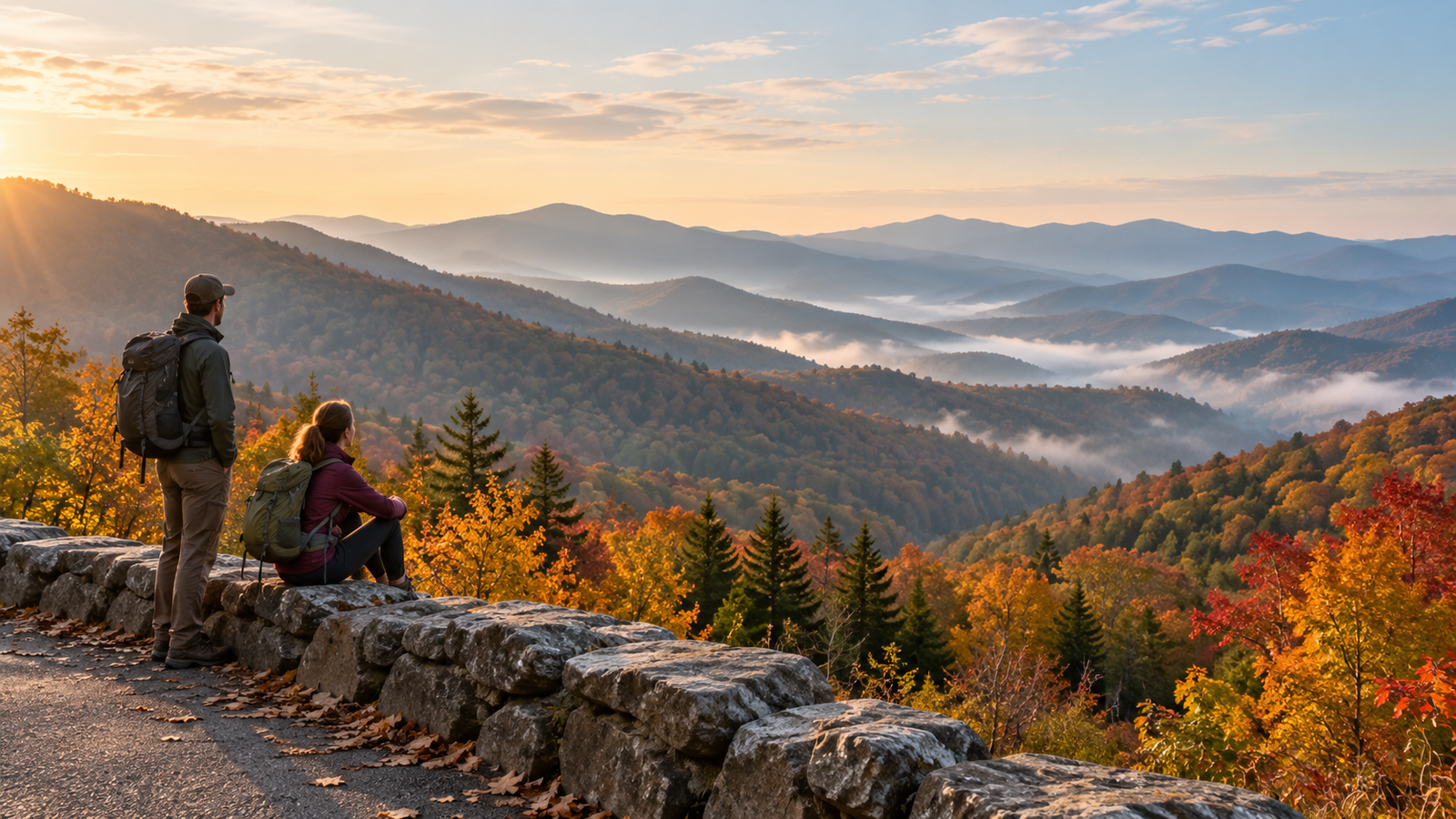 Two hikers viewing autumn-covered ridges in the Great Smoky Mountains.