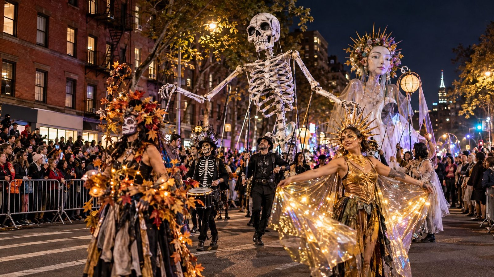 Costumed performers and large puppets moving through a crowded nighttime Halloween parade in Greenwich Village.