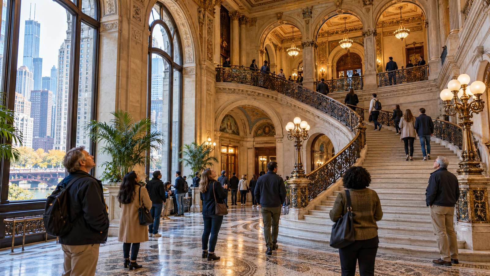 Visitors exploring an ornate historic building interior during a Chicago architecture weekend.