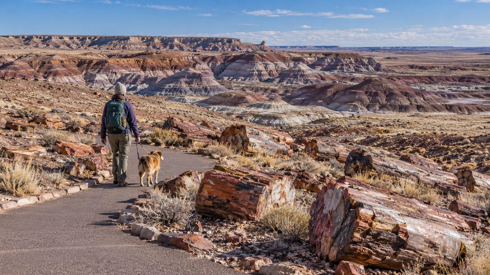 Visitor walking a leashed dog beside petrified logs and colorful Arizona badlands.