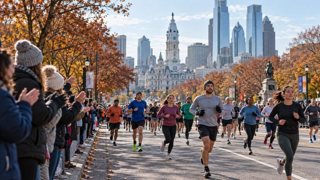 Spectators cheering runners on a Philadelphia boulevard surrounded by late-autumn trees.