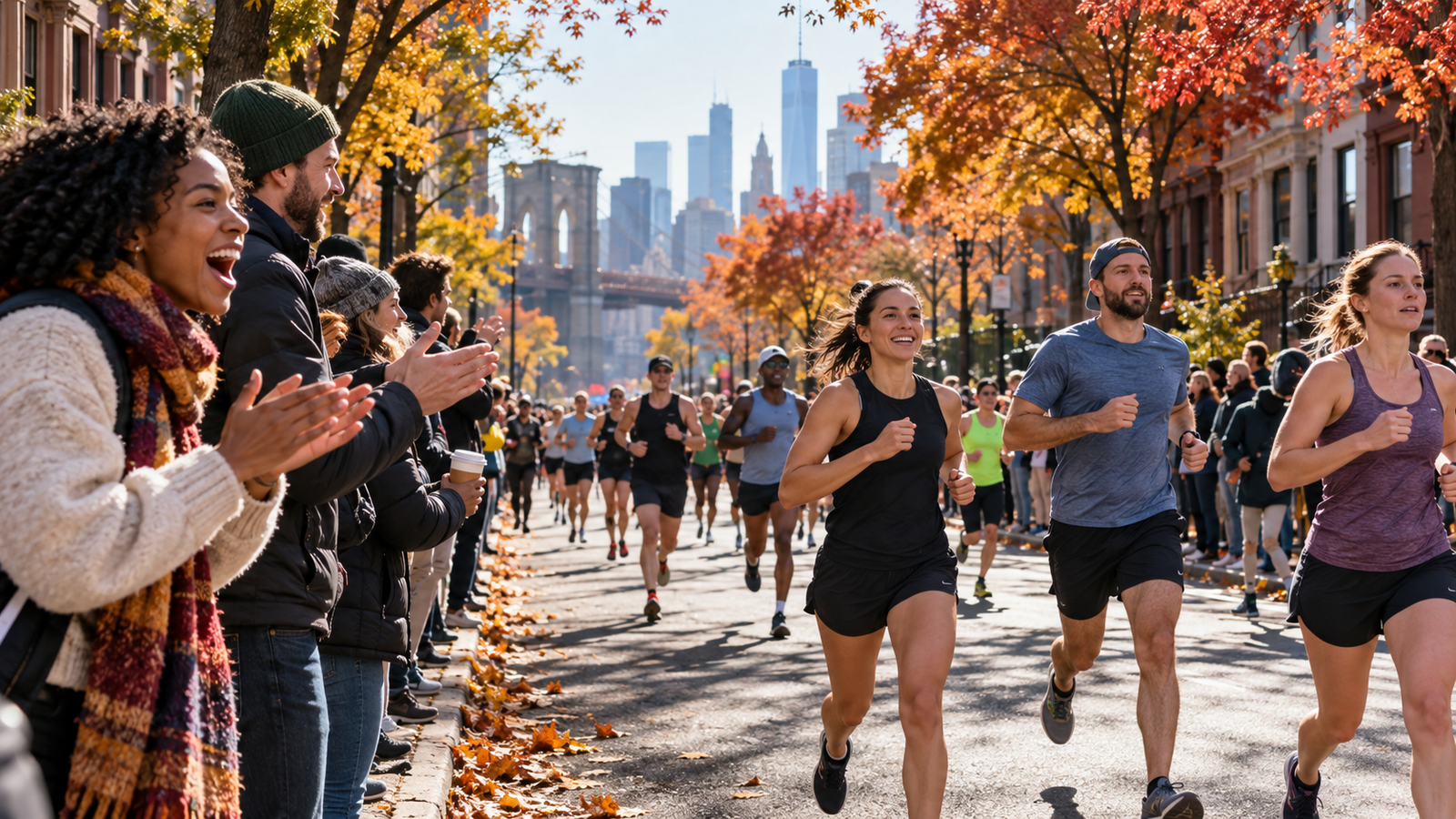 Spectators cheering runners on a tree-lined New York City street during an autumn road race