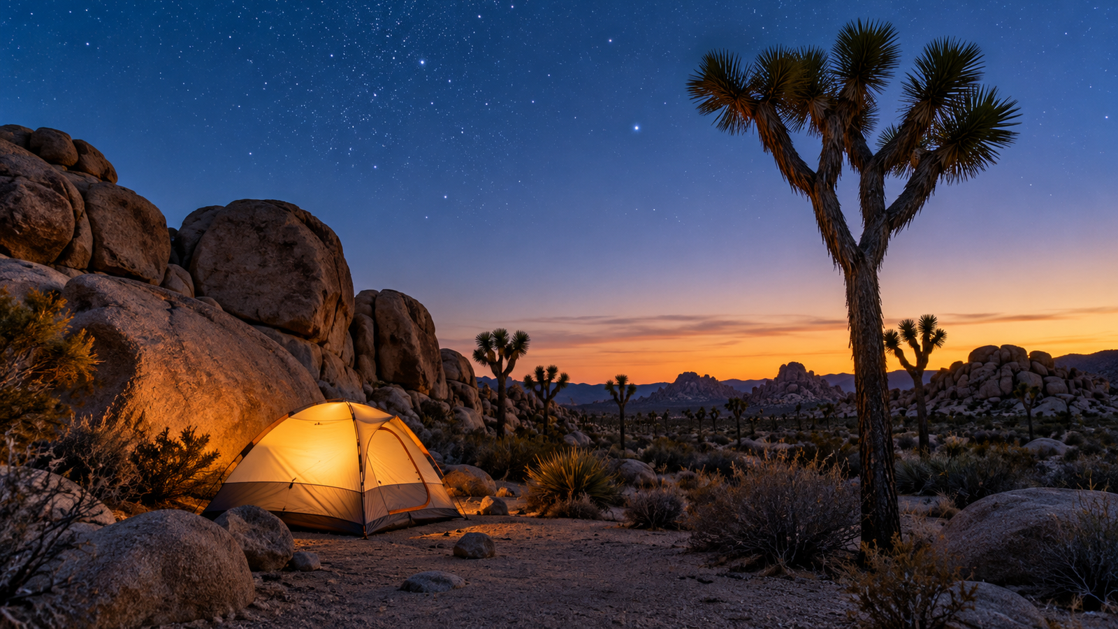Illuminated tent among Joshua trees and desert boulders beneath an evening sky.