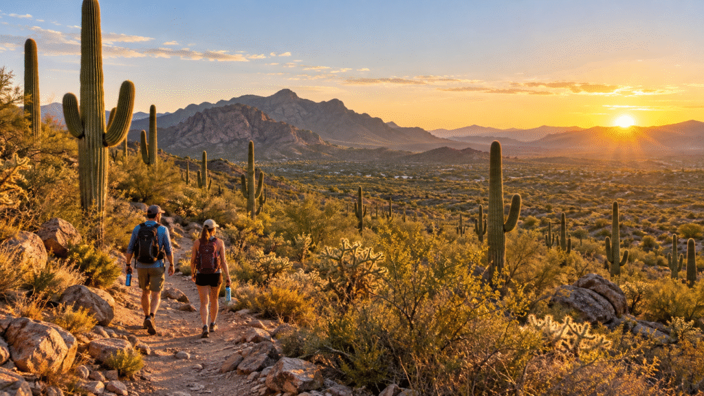 Two hikers carrying water on a Sonoran Desert trail surrounded by tall saguaro cacti.