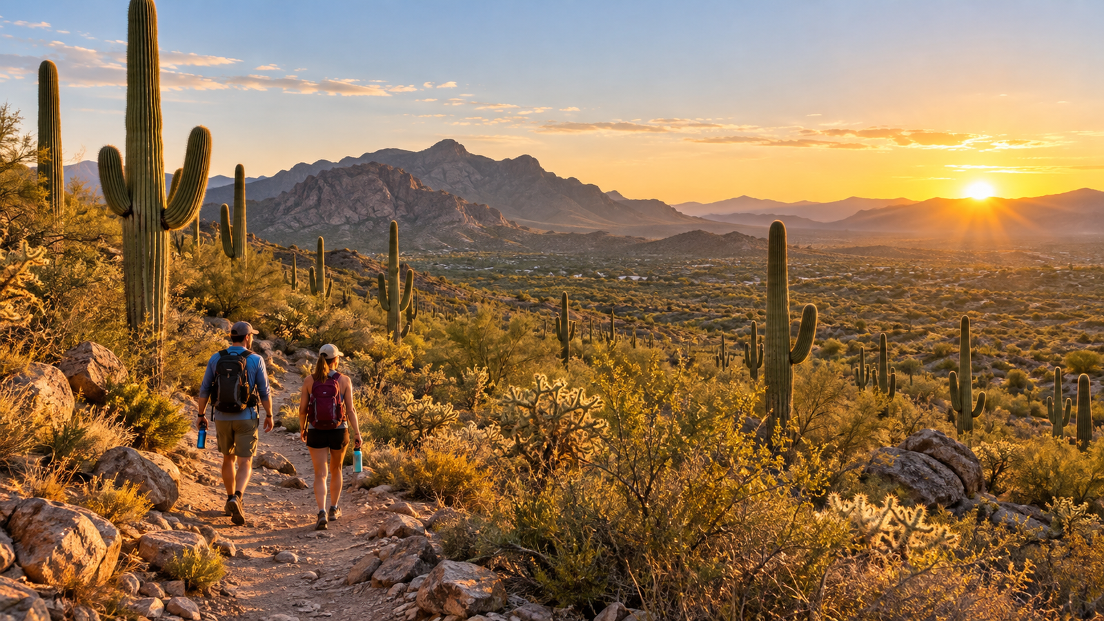 Two hikers carrying water on a Sonoran Desert trail surrounded by tall saguaro cacti.