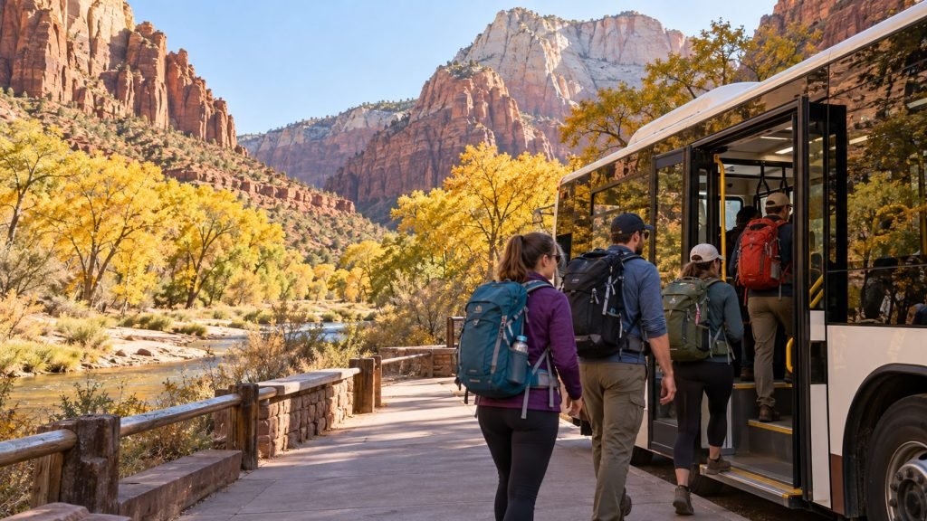 Hikers boarding a shuttle bus beneath red cliffs and golden cottonwood trees in Zion Canyon.